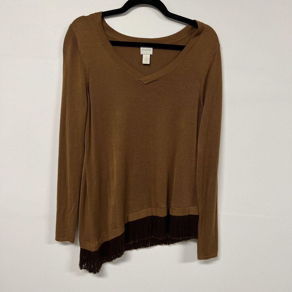 Chico’s Fringe Hem Asymmetrical Sweater Size 1 M Brown V-Neck Lightweight Knit
